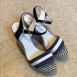 Navy/white striped espadrille wedges